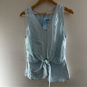 Anthro Floreat Tie Front Boho Top Womens L Light Blue Sleeveless V Neck Blouse